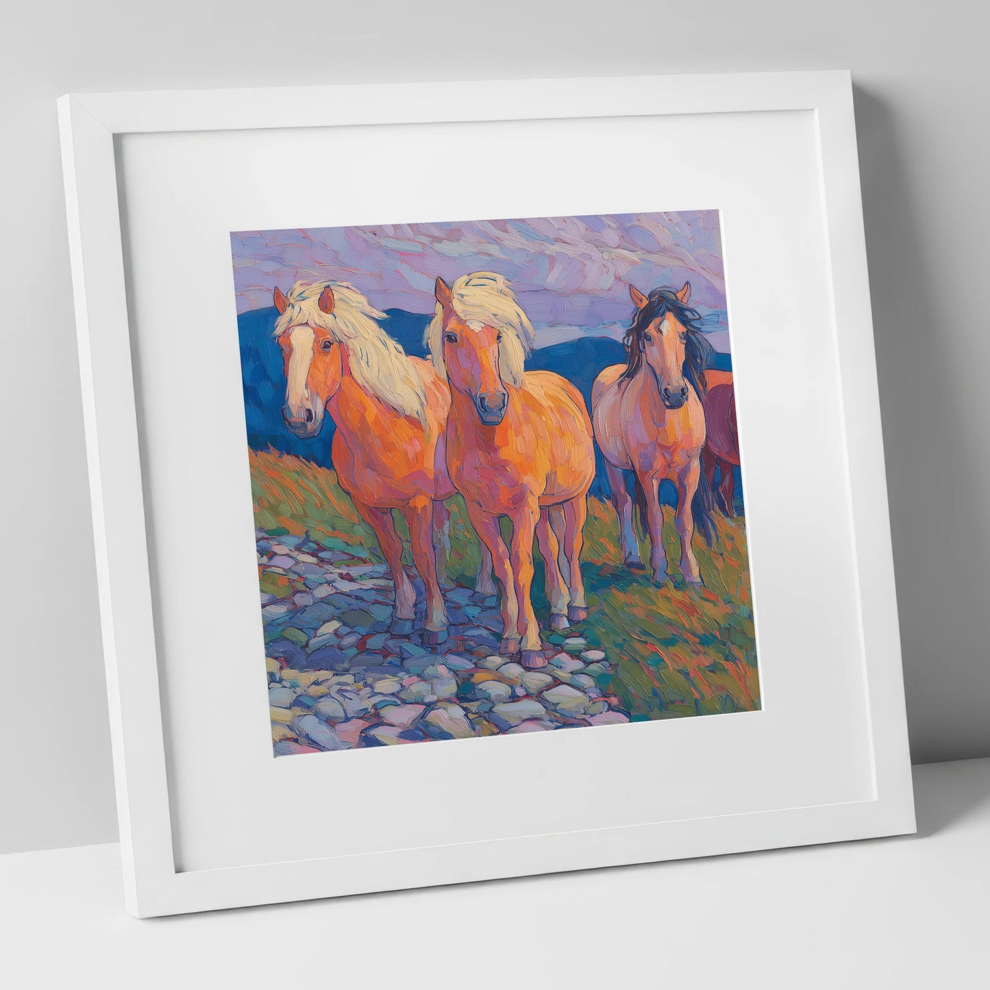 Painted Highland Herd horse landscape art print in white frame