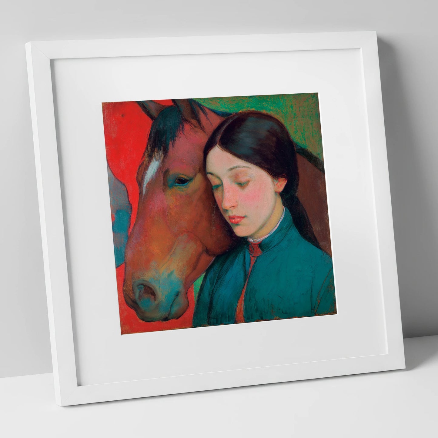 Silent Devotion horse & rider art print in white frame