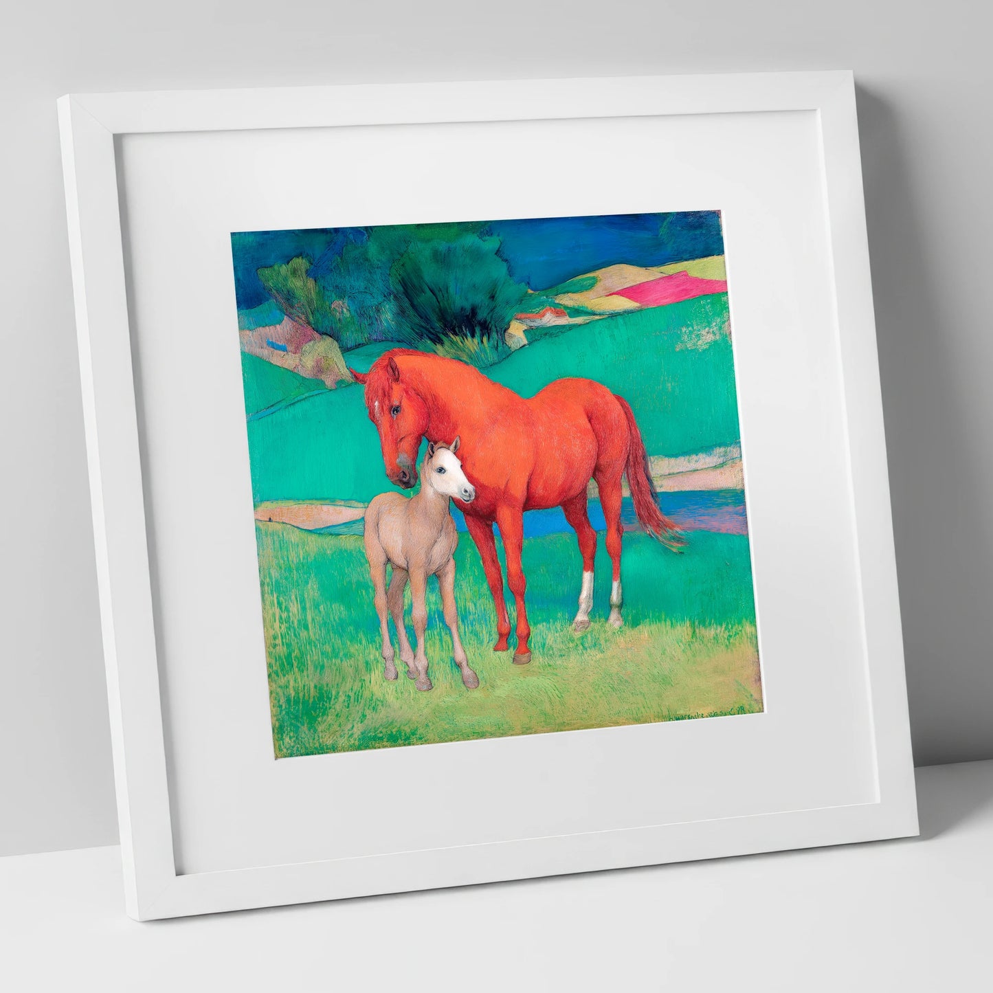 Vibrant Maternal Bond mare & foal art print in white frame