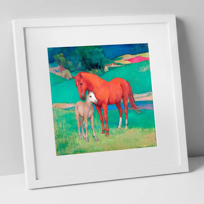 Vibrant Maternal Bond mare & foal art print in white frame