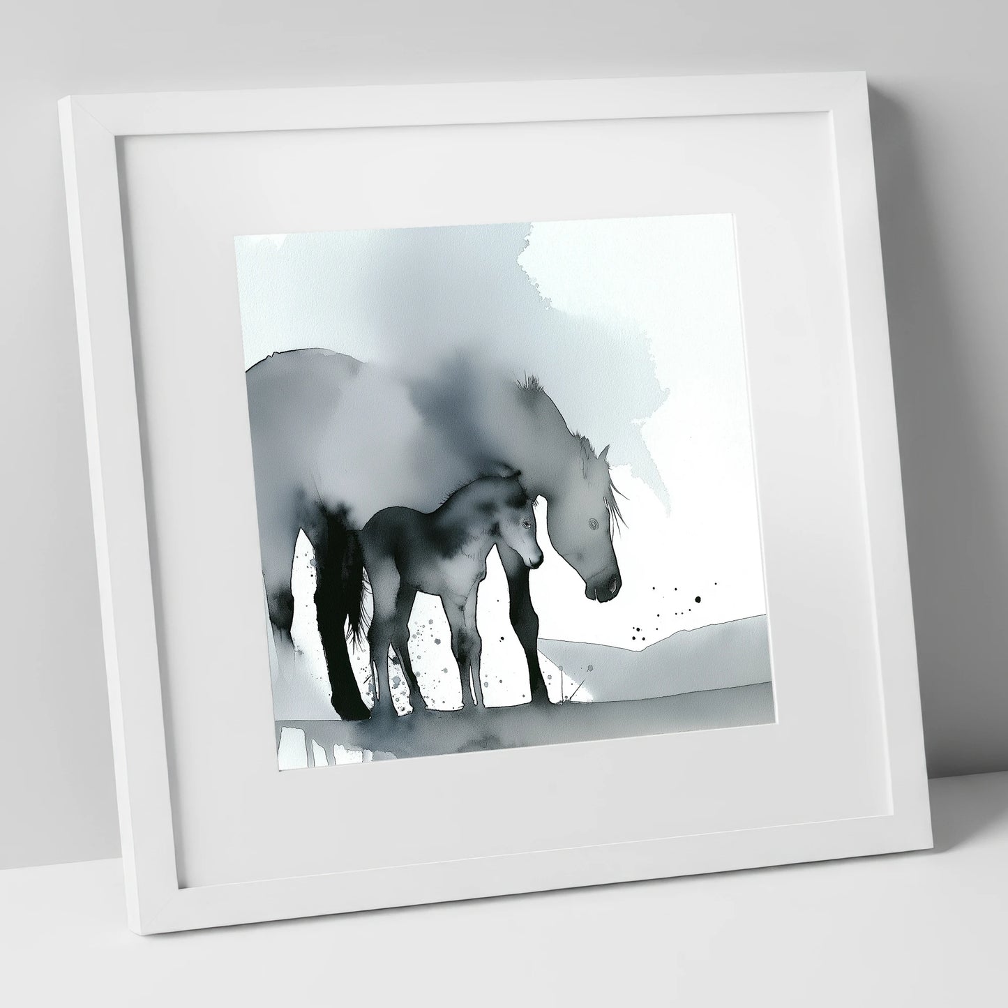 Gentle Shadows mare & foal art print in white frame