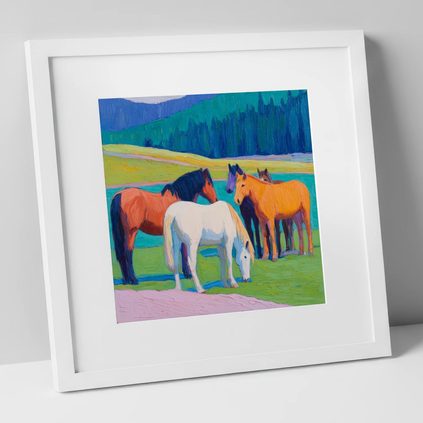 Vivid Pasture Herd horse landscape art print in white frame