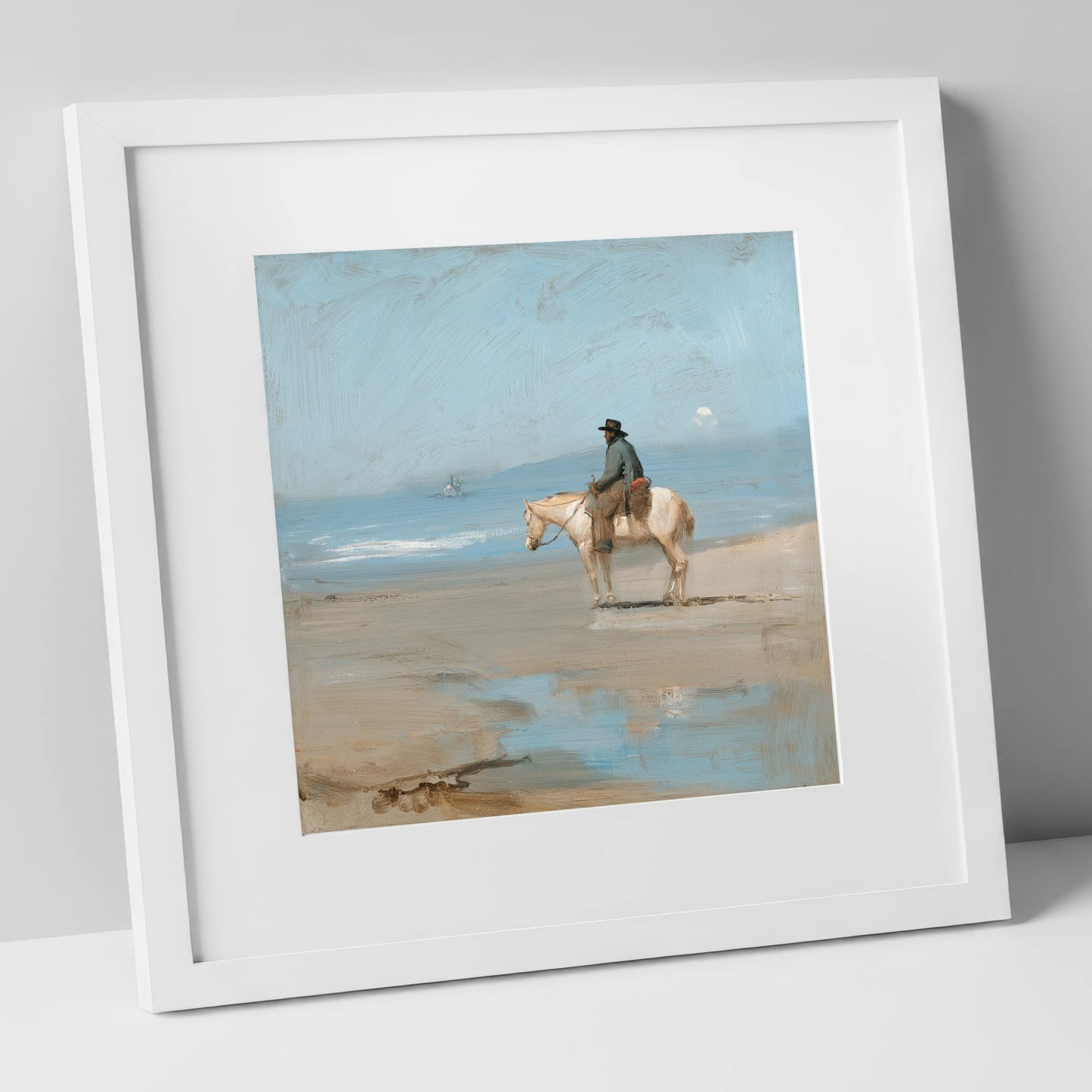 Coastal Contemplation horse landscape art print in white frame