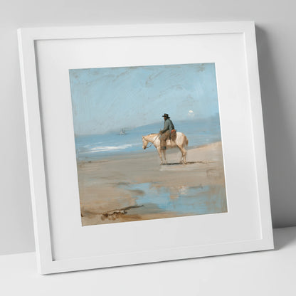 Coastal Contemplation horse landscape art print in white frame