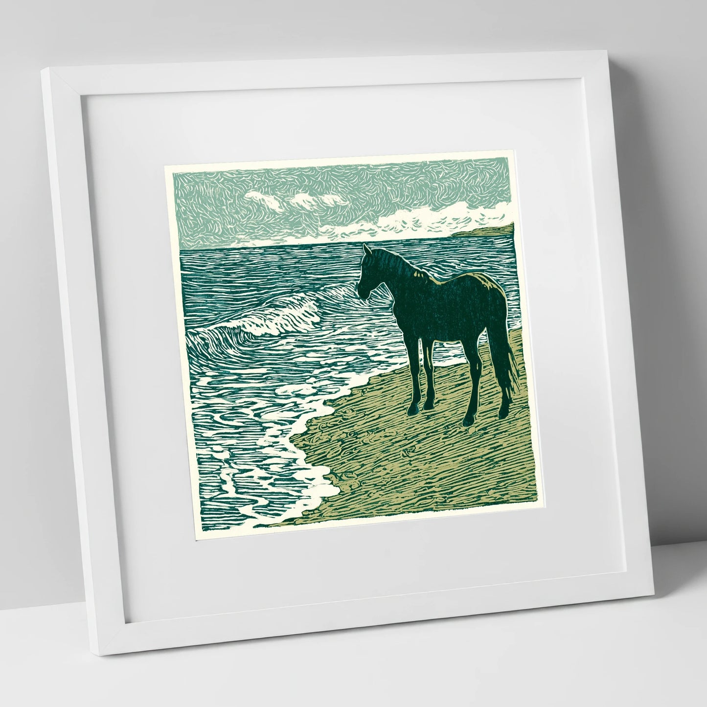 Shoreline Watch horse landscape art print in white frame