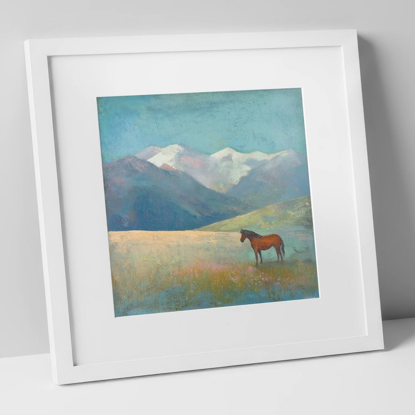 Alpine Solitude horse landscape art print in white frame