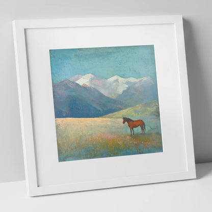 Alpine Solitude horse landscape art print in white frame
