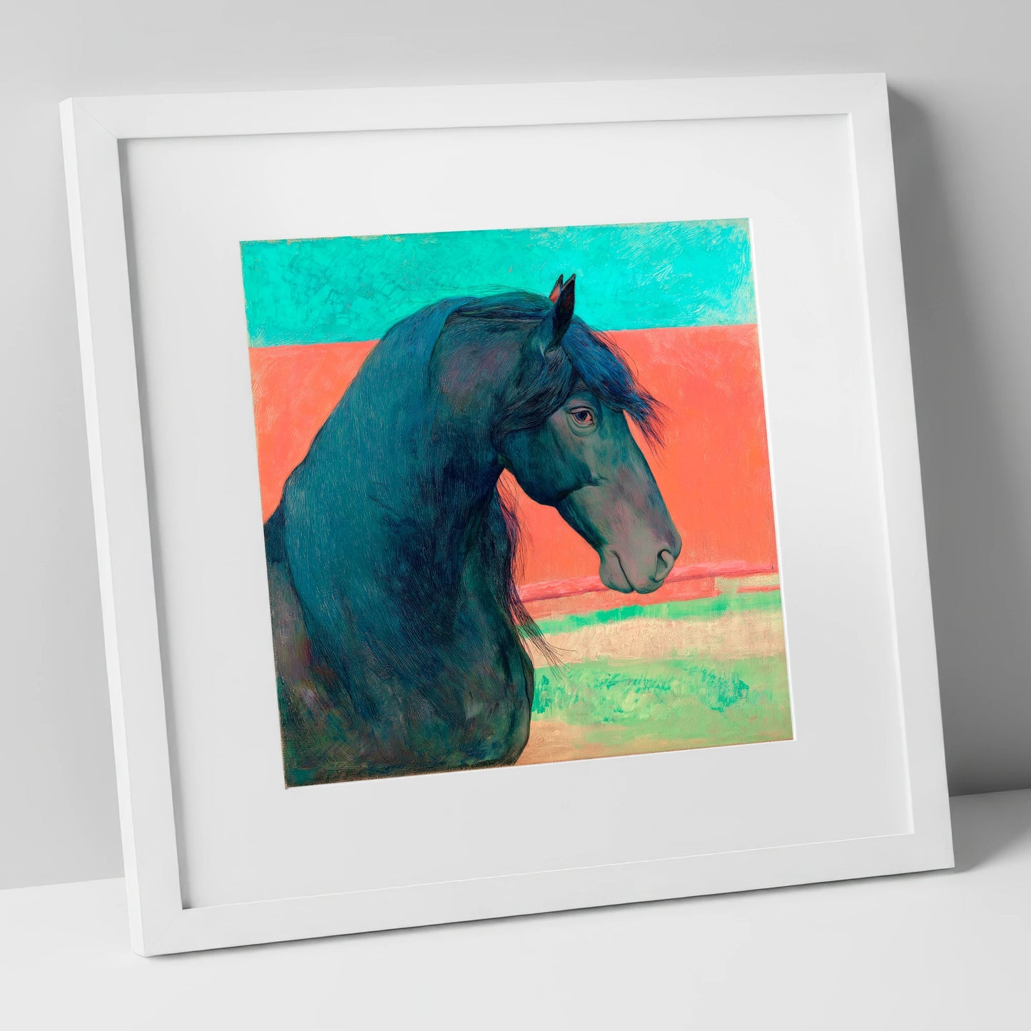 Crimson Horizon Friesian horse breed art print in white frame