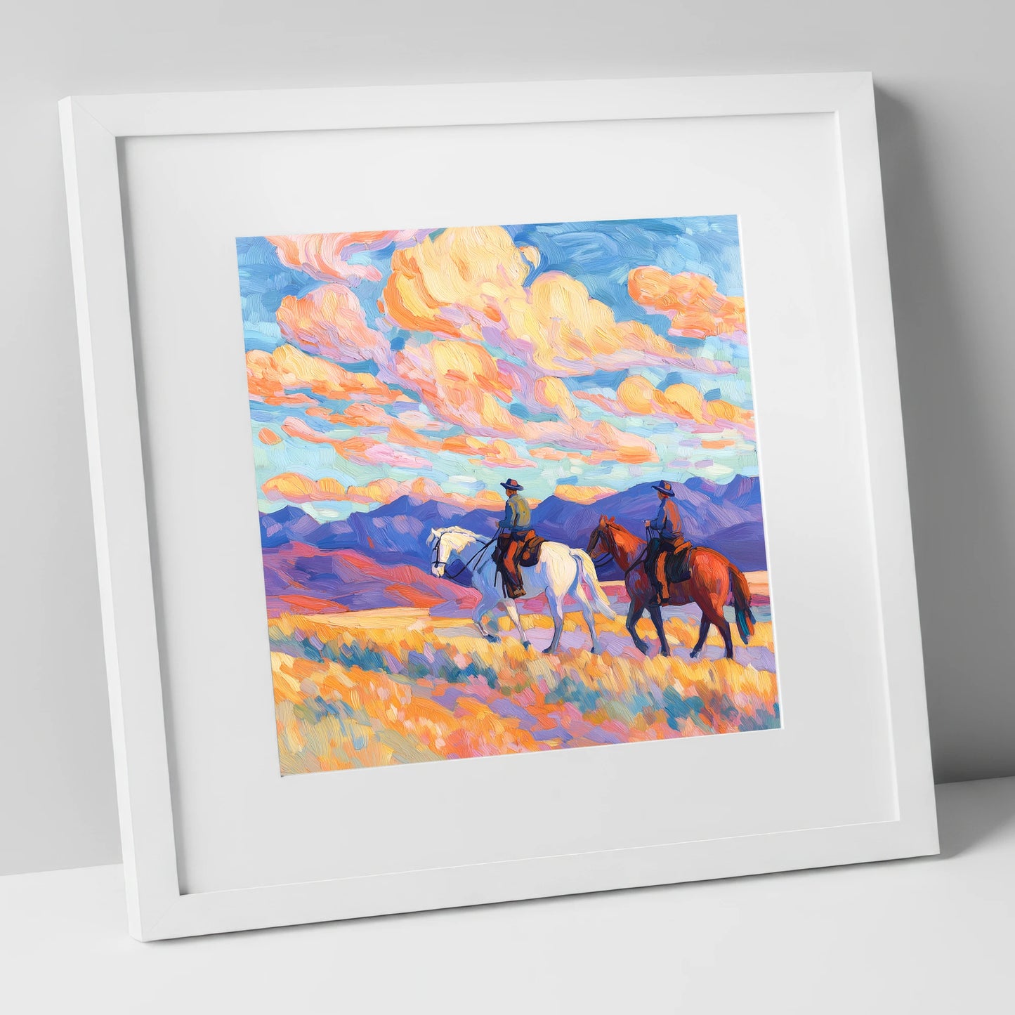Painted Horizon Riders horse landscape art print in white frame