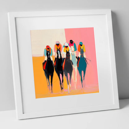 Charge to the Line racing horse art print in white frame