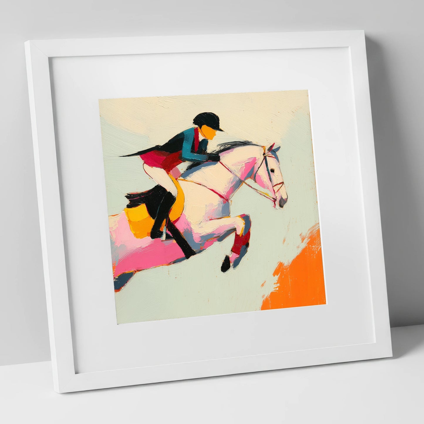 Technicolour Showjumper show jumping horse art print in white frame