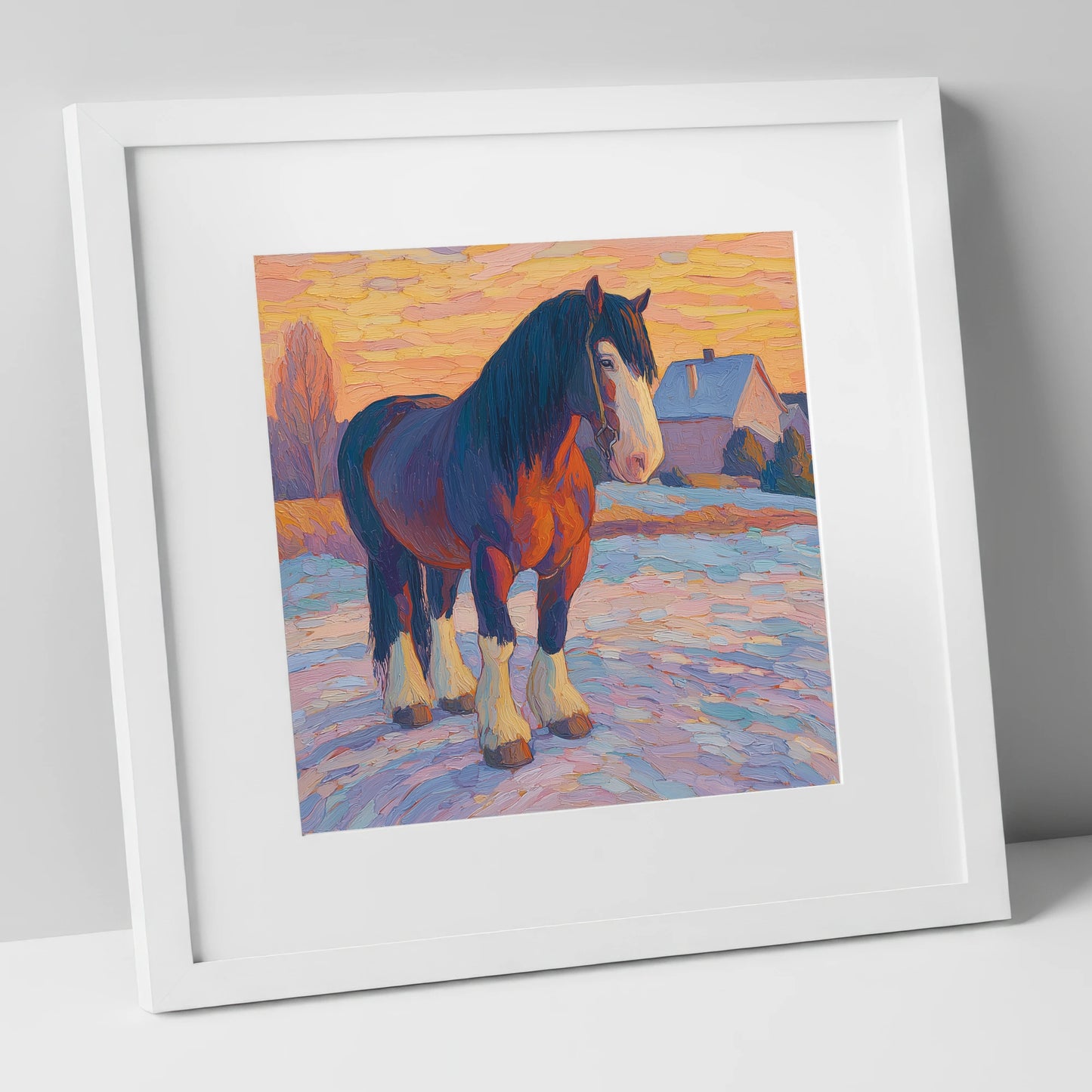 Majestic Winter Shire horse breed art print in white frame