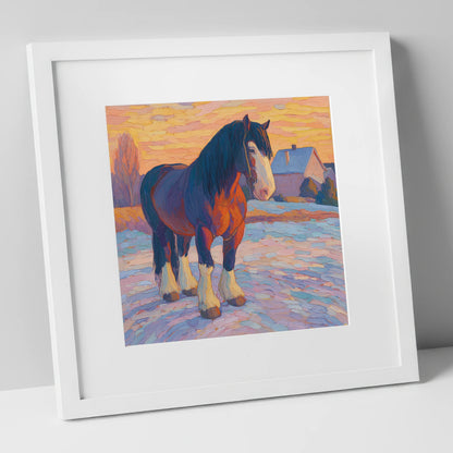 Majestic Winter Shire horse breed art print in white frame
