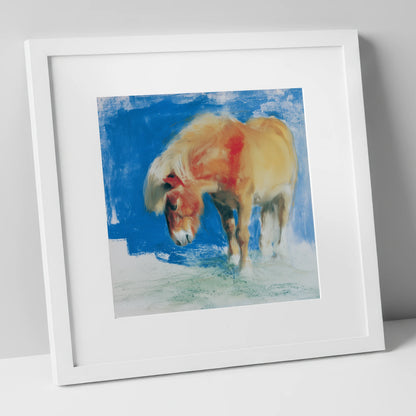 Golden Grazing Pony horse breed art print in white frame