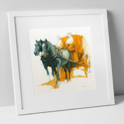 The Amber Carriage Pair working horse art print in white frame
