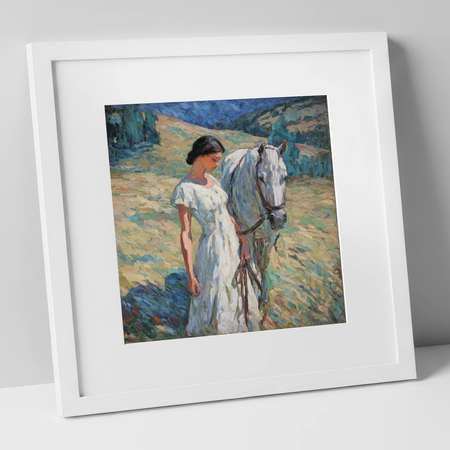 A Quiet Connection horse & rider art print in white frame