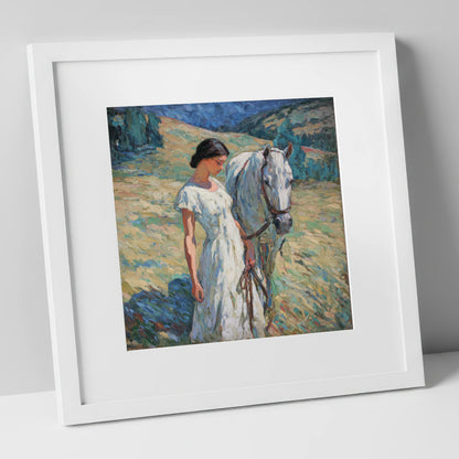 A Quiet Connection horse & rider art print in white frame