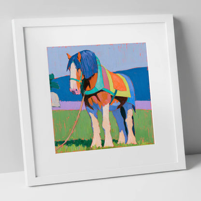 Colourful Heavy Horse In Harness horse breed art print in white frame