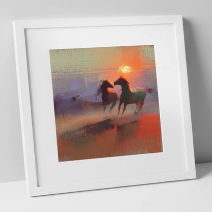 Untamed at Dusk wild horses art print in white frame