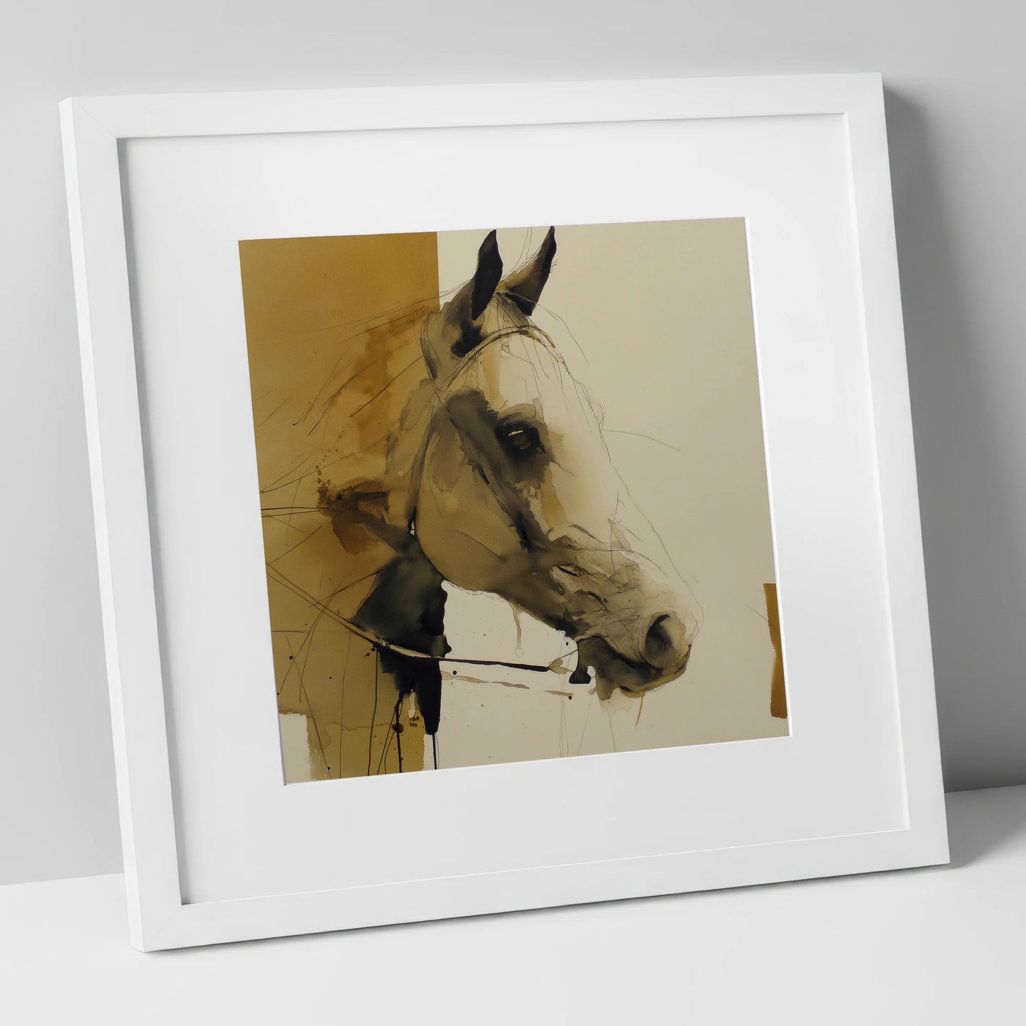 Sepia Wash Profile horse portrait art print in white frame