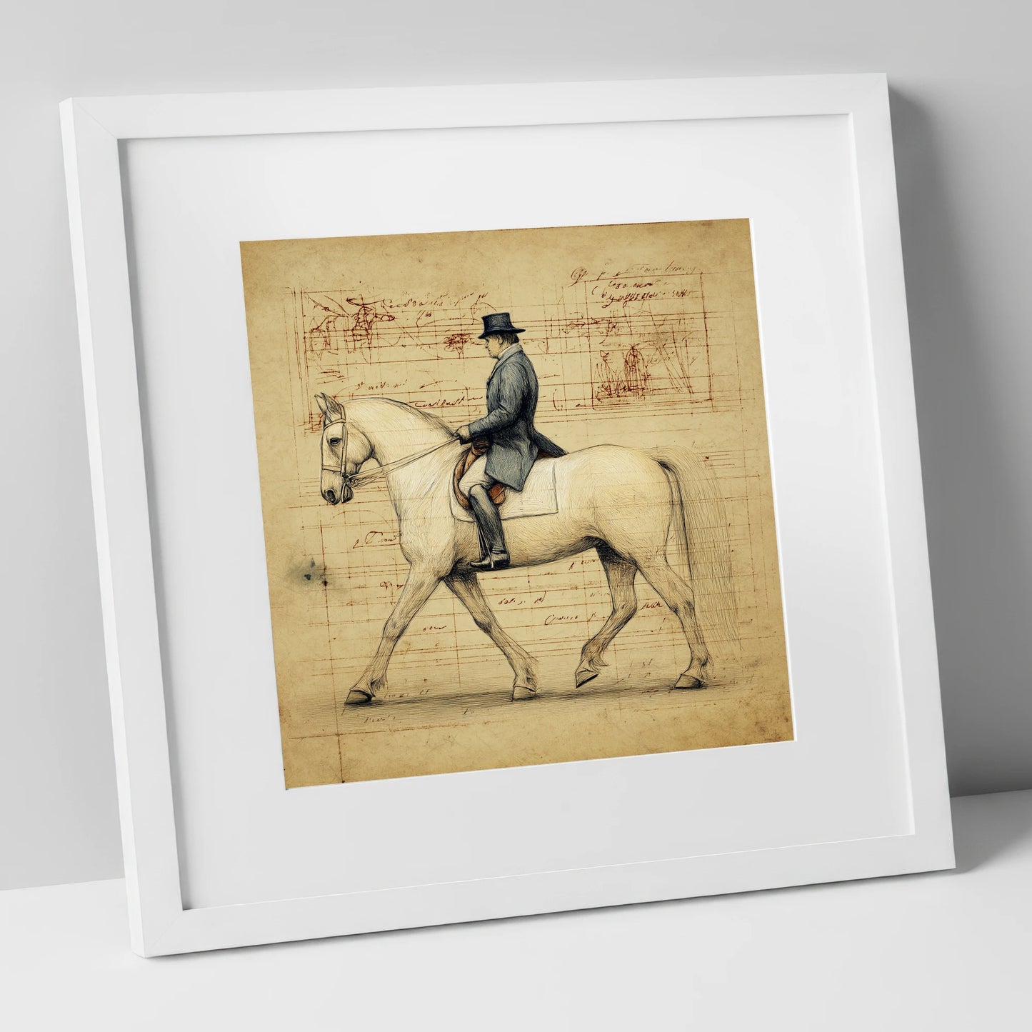 The Master's Study dressage horse art print in white frame