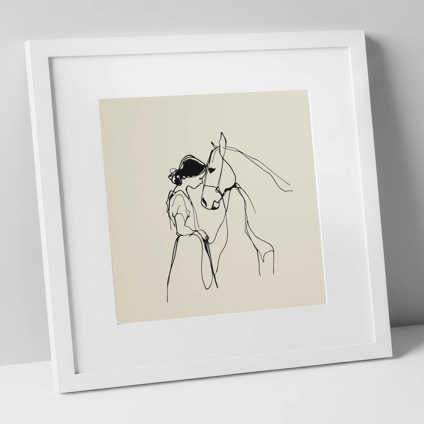 The Gentle Bond horse & rider art print in white frame