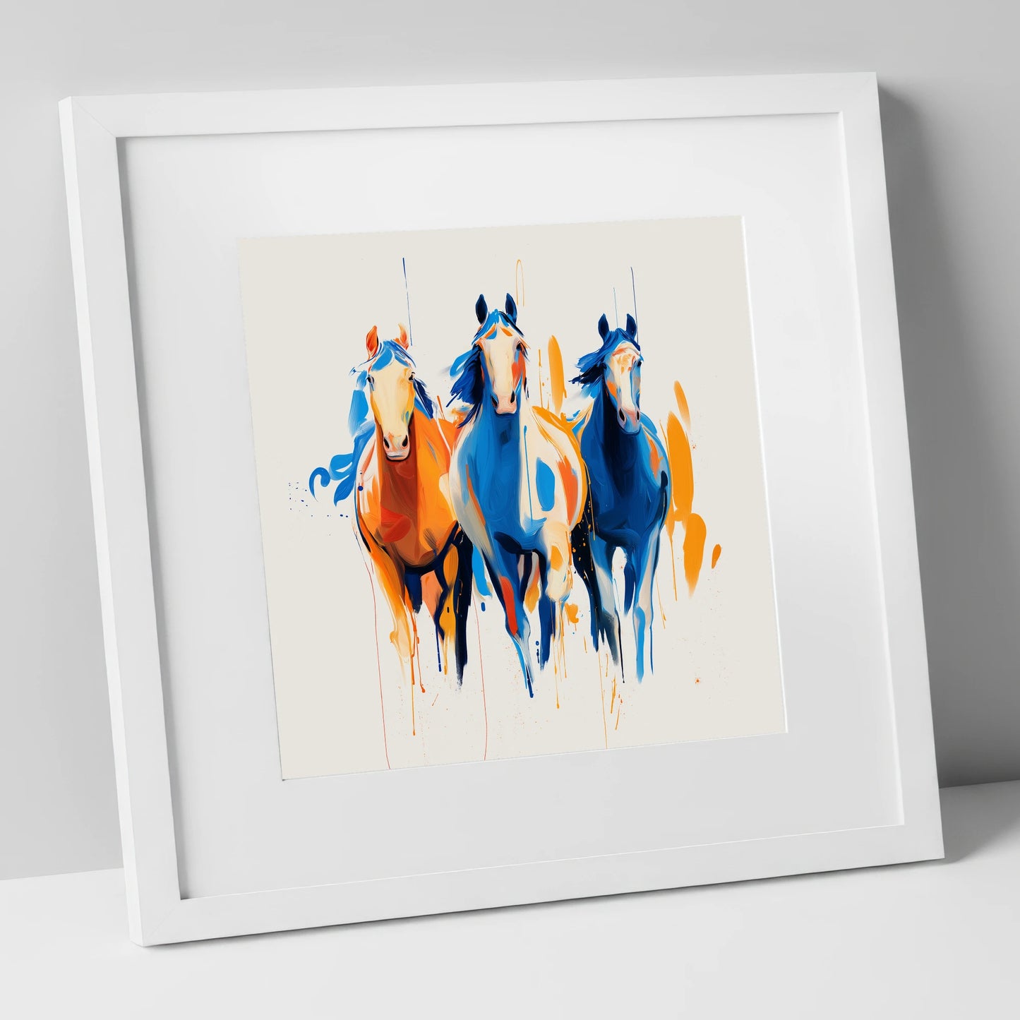 Cobalt and Amber Canter wild horses art print in white frame