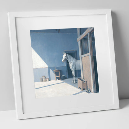 Quiet Morning Yard horse stable art print in white frame
