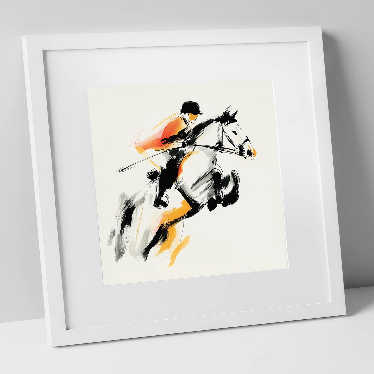Suspended Momentum show jumping horse art print in white frame