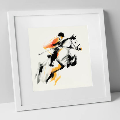 Suspended Momentum show jumping horse art print in white frame