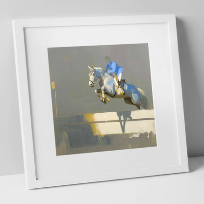 Ascent in Blue show jumping horse art print in white frame