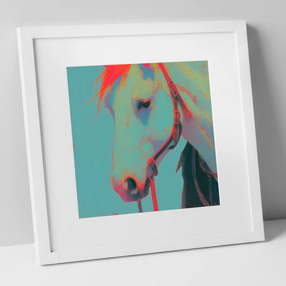 Electric Teal Profile horse portrait art print in white frame