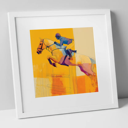 Amber Flight show jumping horse art print in white frame