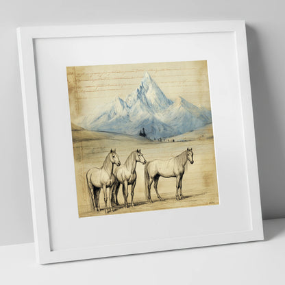 Alpine Journal Sketch horse landscape art print in white frame