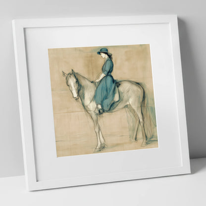 The Lady in Teal horse & rider art print in white frame