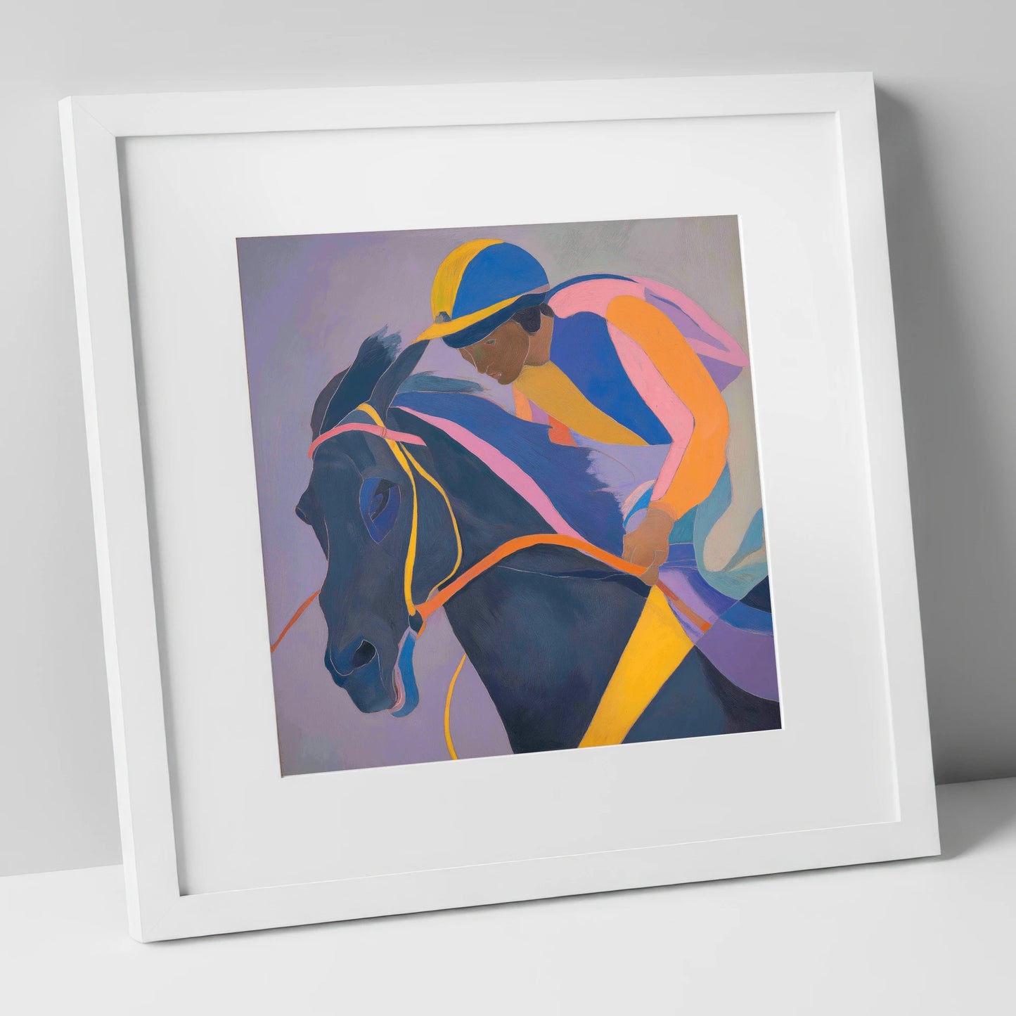 Dynamic Silks racing horse art print in white frame