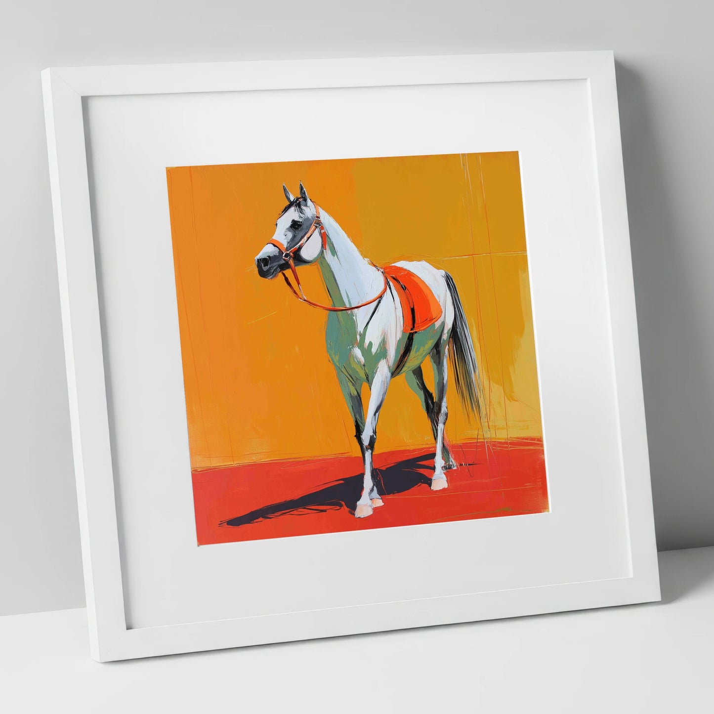 Sunlit Grey Arabian horse breed art print in white frame