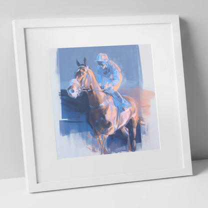 Quiet Anticipation racing horse art print in white frame