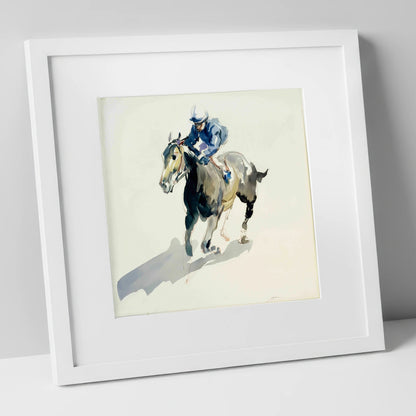 Mid-Stride in Indigo racing horse art print in white frame