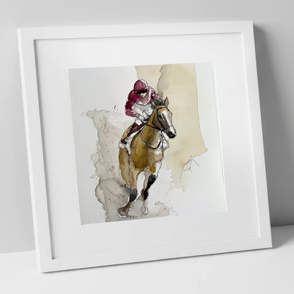 The Final Furlong racing horse art print in white frame