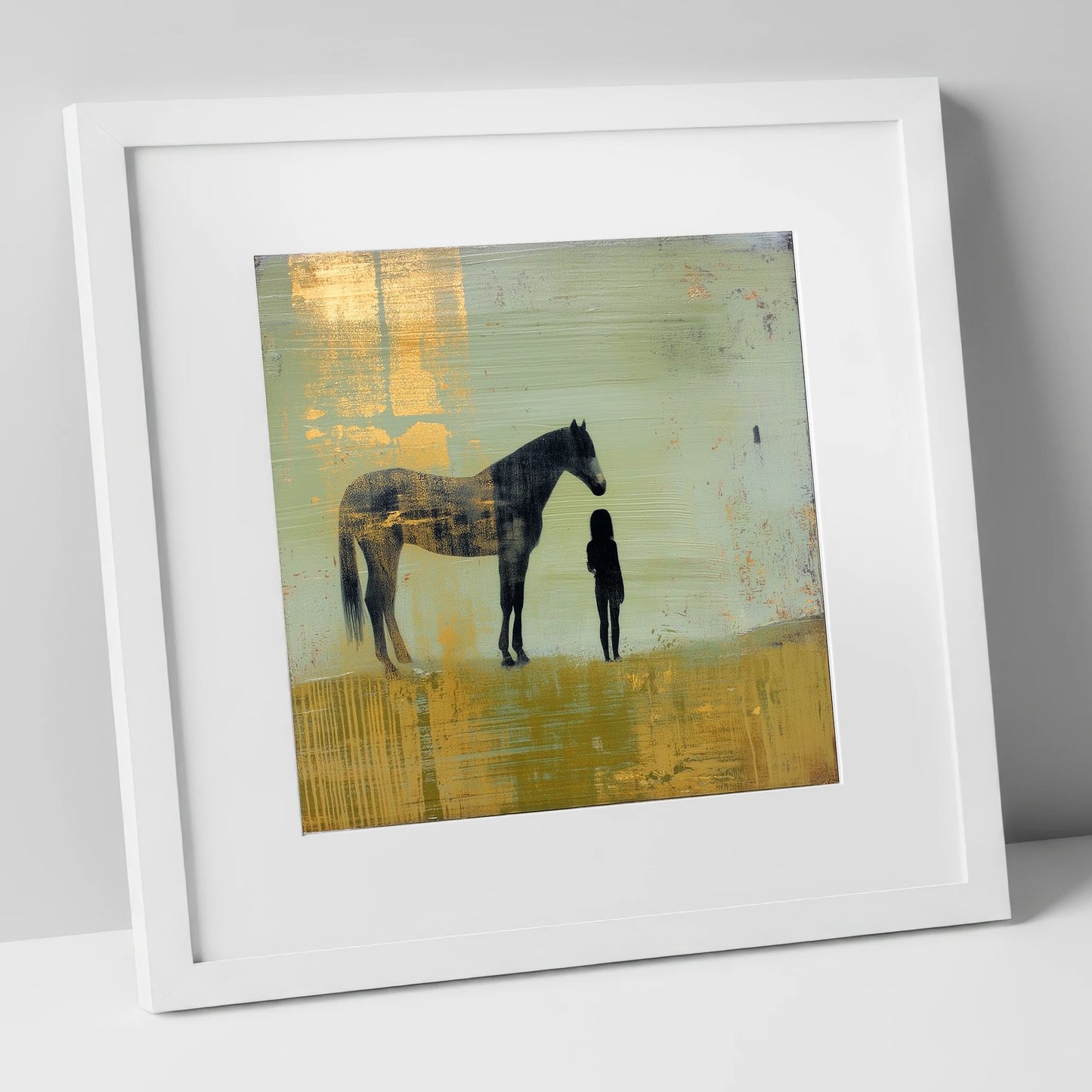 Gilded Connection horse & rider art print in white frame