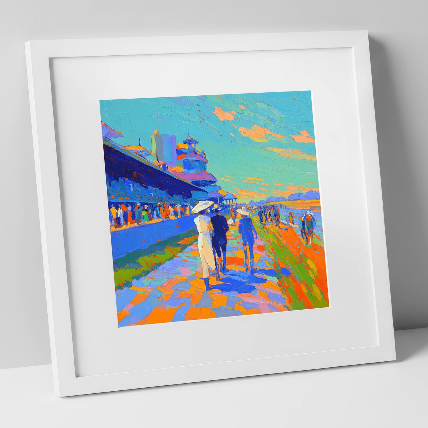 Vibrant Race Day Promenade racing horse art print in white frame