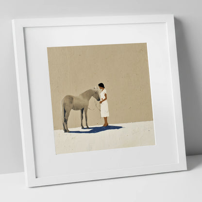 The Quiet Exchange horse & rider art print in white frame