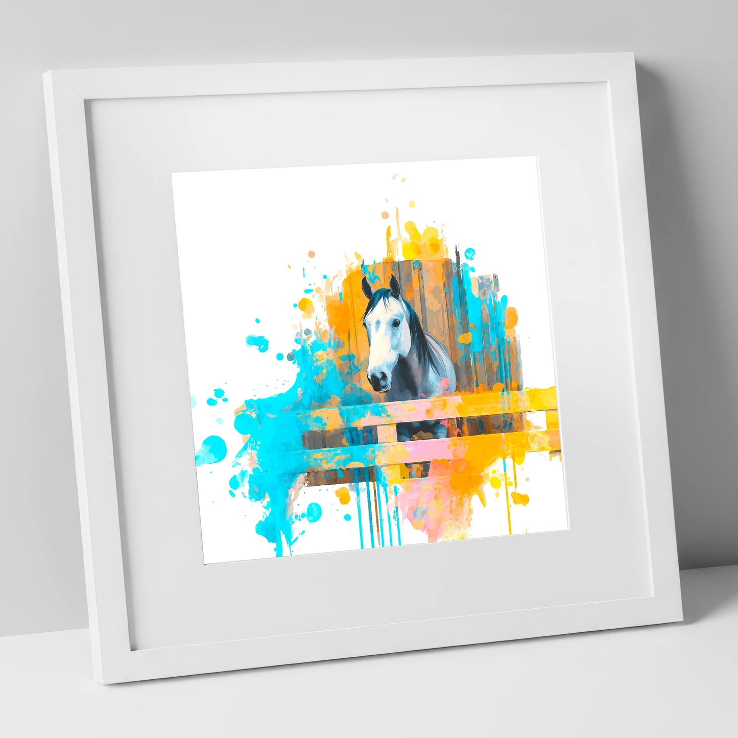 The Inquisitive Grey horse stable art print in white frame
