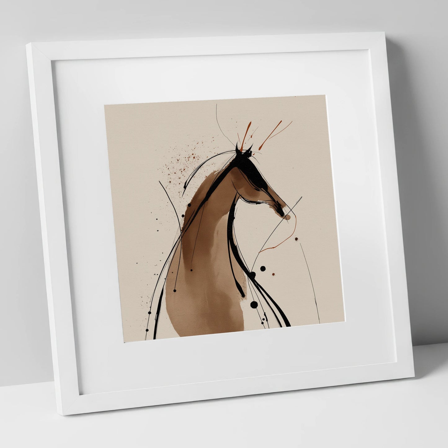 Sweeping Ink Silhouette horse portrait art print in white frame