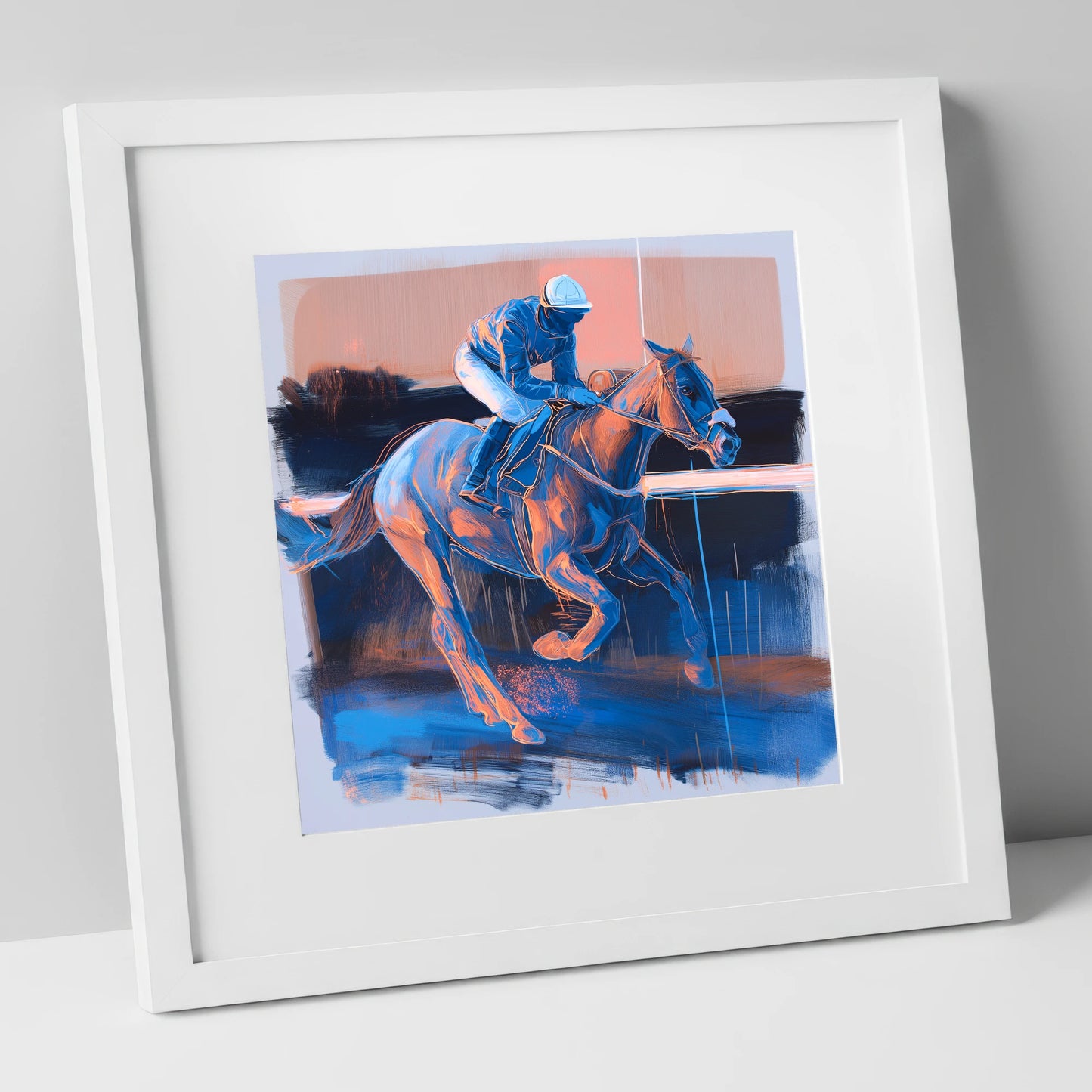 Cobalt Stride racing horse art print in white frame