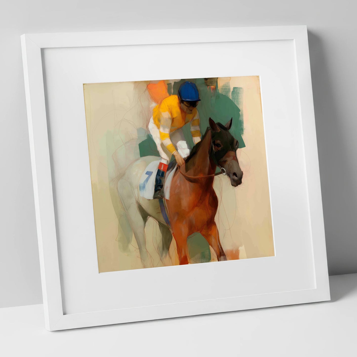 Silks at the Start racing horse art print in white frame
