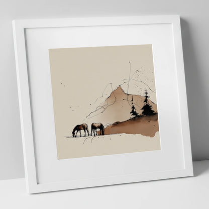 Highland Grazing horse landscape art print in white frame