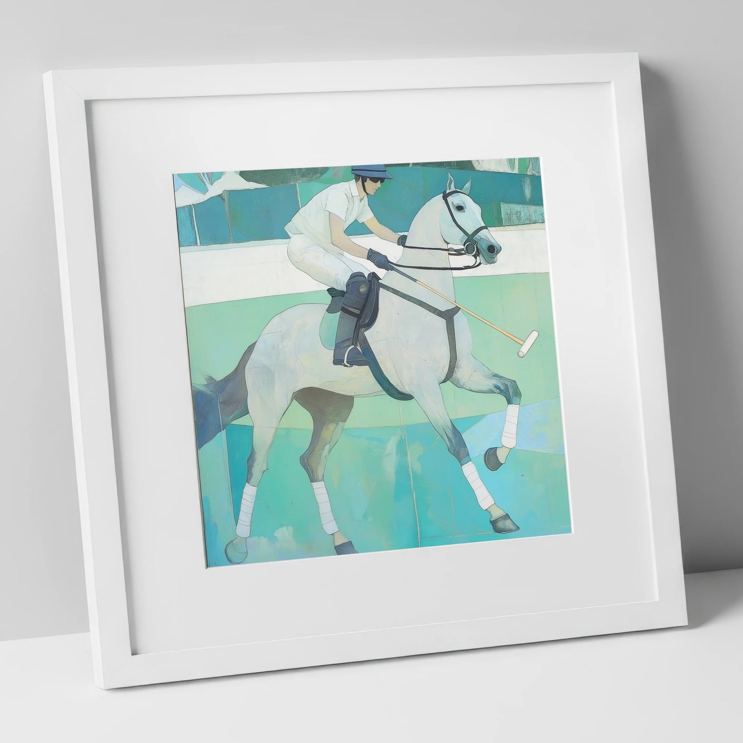 The Serene Chukka polo horse art print in white frame