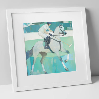 The Serene Chukka polo horse art print in white frame